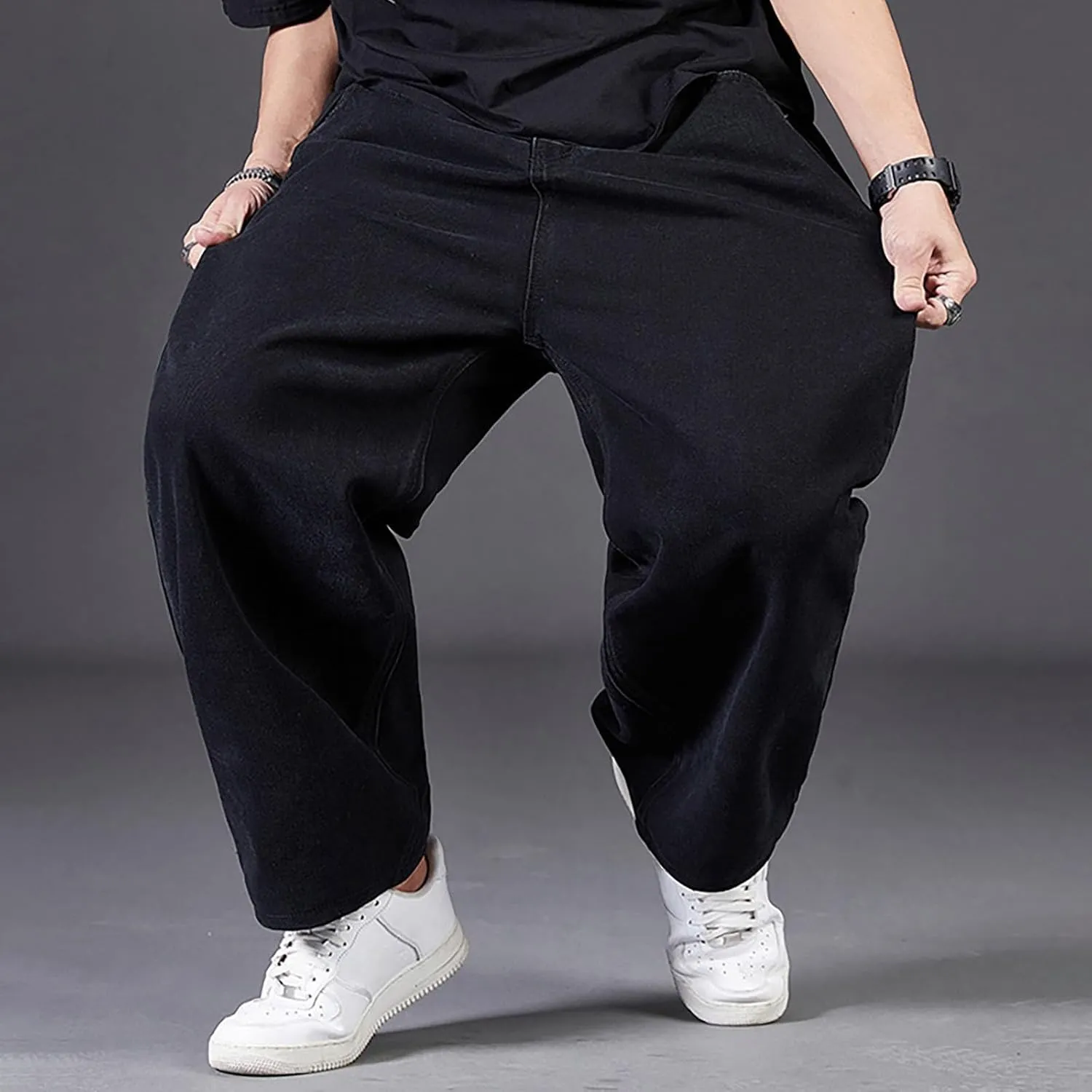 Men Plus Size Jeans Classic Basic Plain Relaxed Fit Denim Pants Open Bottom Summer Casual Straight Leg Baggy Trousers