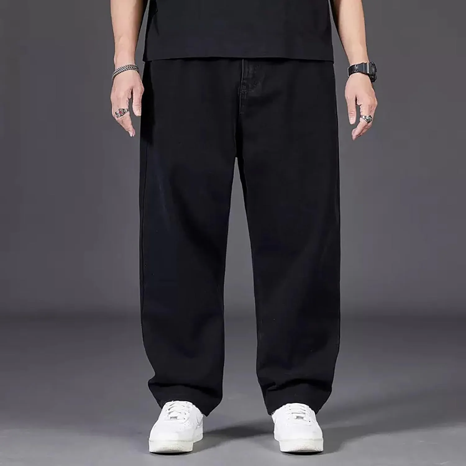 Men Plus Size Jeans Classic Basic Plain Relaxed Fit Denim Pants Open Bottom Summer Casual Straight Leg Baggy Trousers