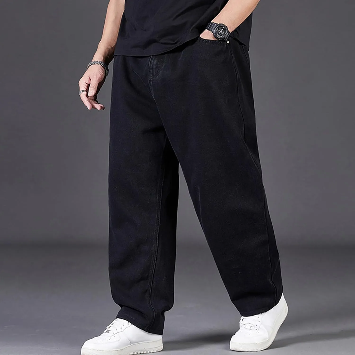 Men Plus Size Jeans Classic Basic Plain Relaxed Fit Denim Pants Open Bottom Summer Casual Straight Leg Baggy Trousers