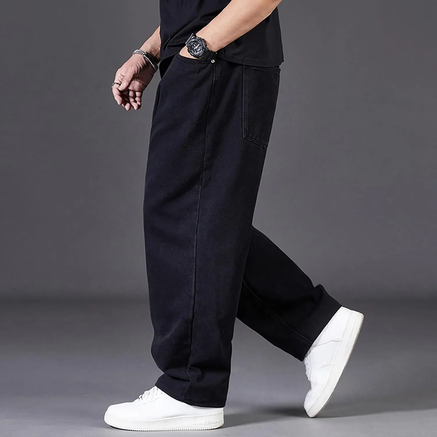 Men Plus Size Jeans Classic Basic Plain Relaxed Fit Denim Pants Open Bottom Summer Casual Straight Leg Baggy Trousers