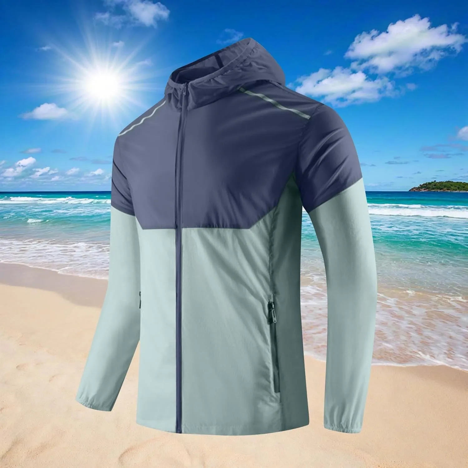 Men Summer UPF 50  Fishing Shirts, Full Zip Long Sleeve UV Sun Hoodie, Hiking Running Swimming Athletic Workout Shirt