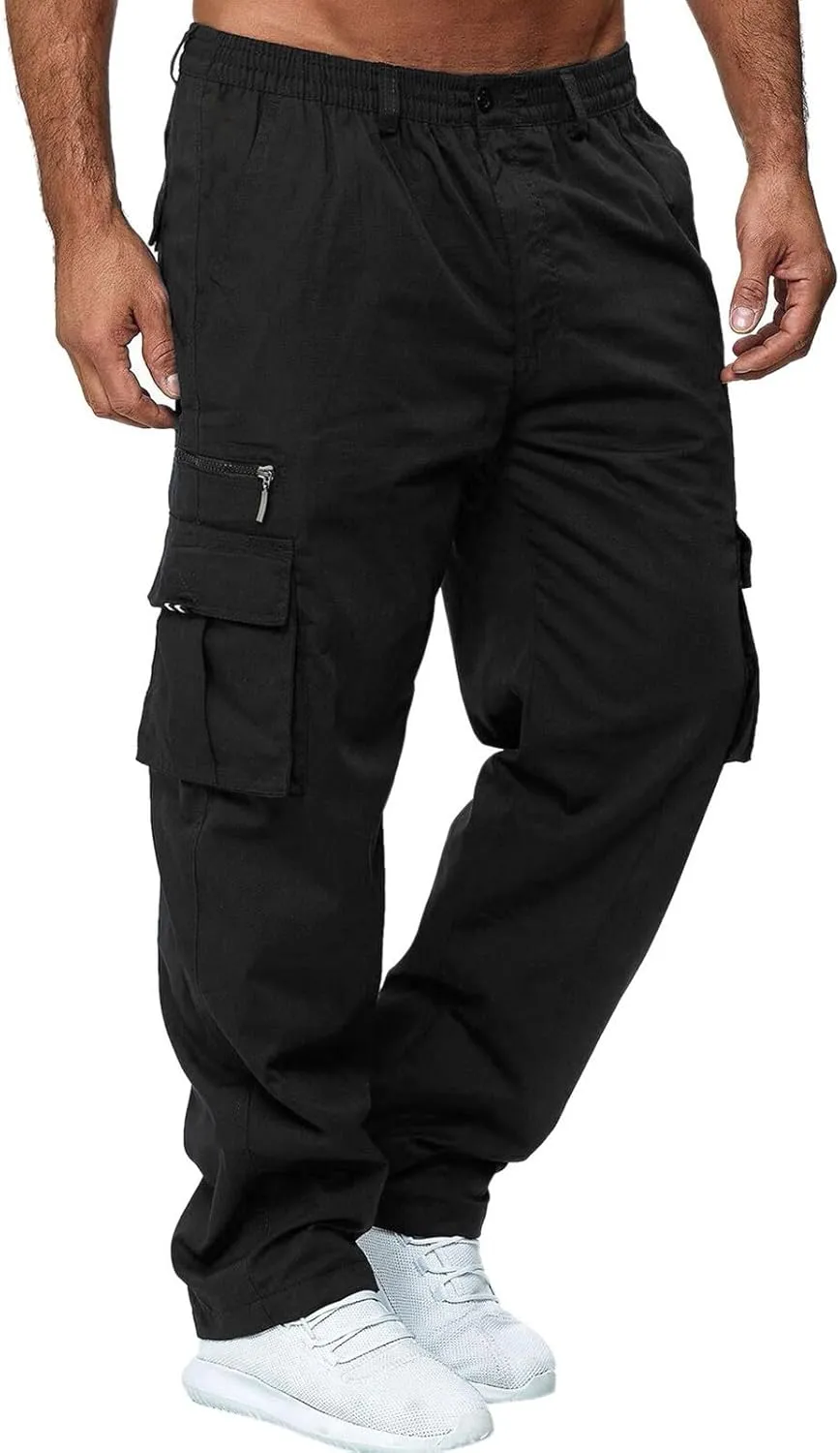 Men's Cargo Jogger Sweatpants Hat Multi Woven Pocket Foot Rope Solid Pants Street Cargo Men's Cargo Pants with