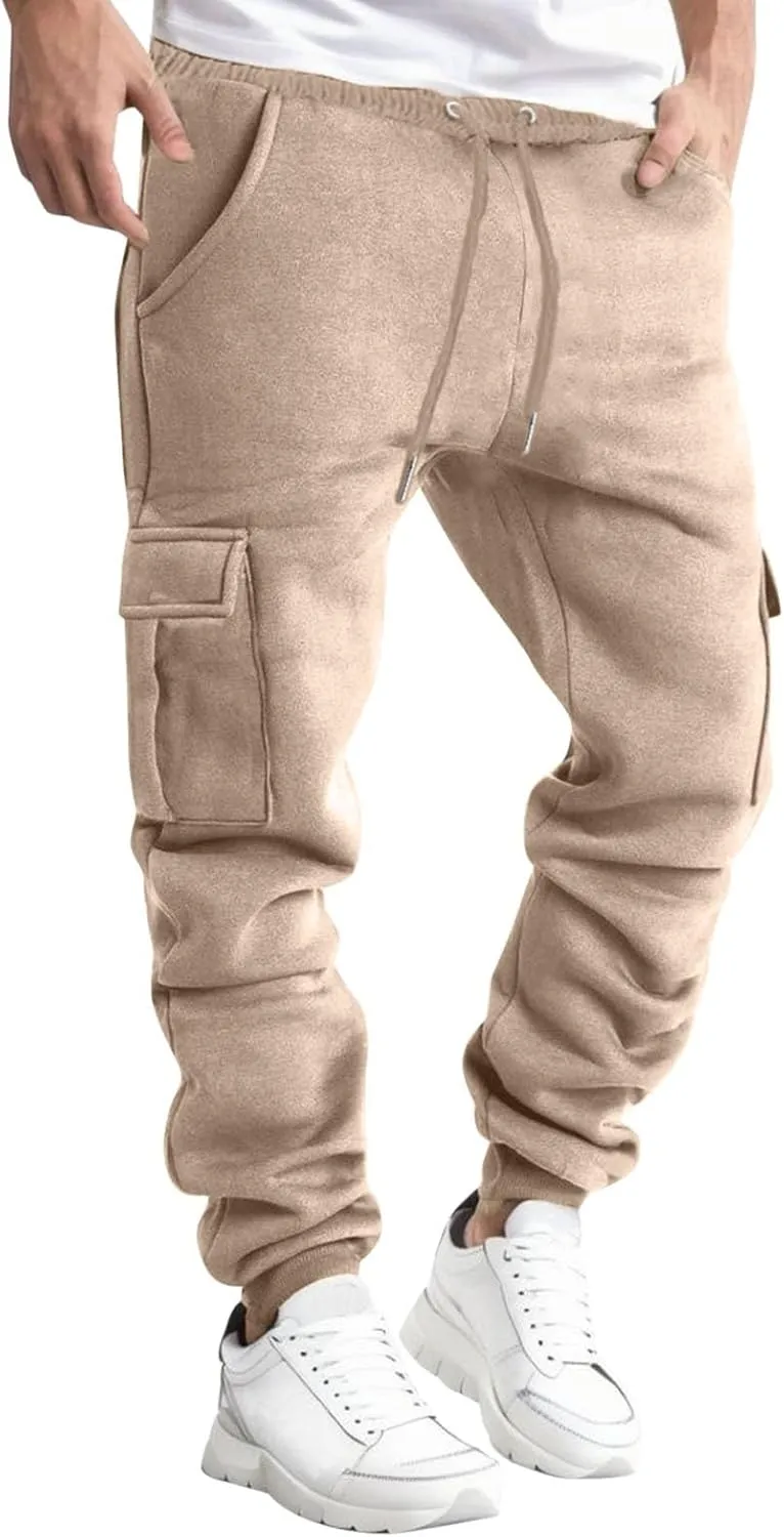 Men's Cargo Jogger Sweatpants Hat Multi Woven Pocket Foot Rope Solid Pants Street Cargo Men's Cargo Pants with