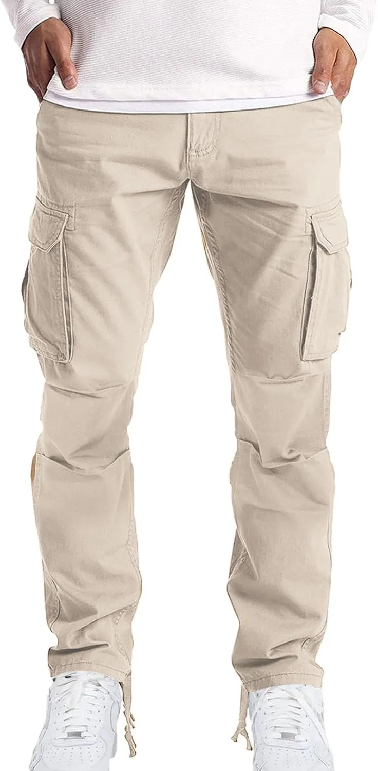 Men’s Cargo Pants Plain Drawstring Elastic Waist Summer Work Pants Casual Plain Sport Trousers with Multi Pockets