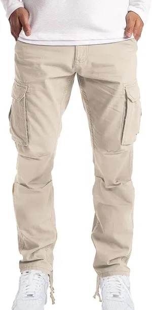 Men’s Cargo Pants Plain Drawstring Elastic Waist Summer Work Pants Casual Plain Sport Trousers with Multi Pockets