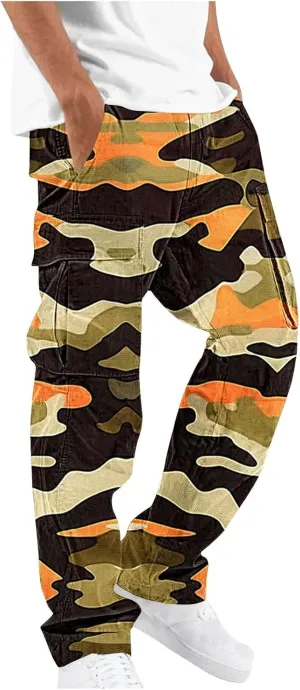 Men’s Cargo Pants Plus Size Drawstring Elastic Waist Fall Work Pants Casual Plain Sport Trousers with Multi Pockets