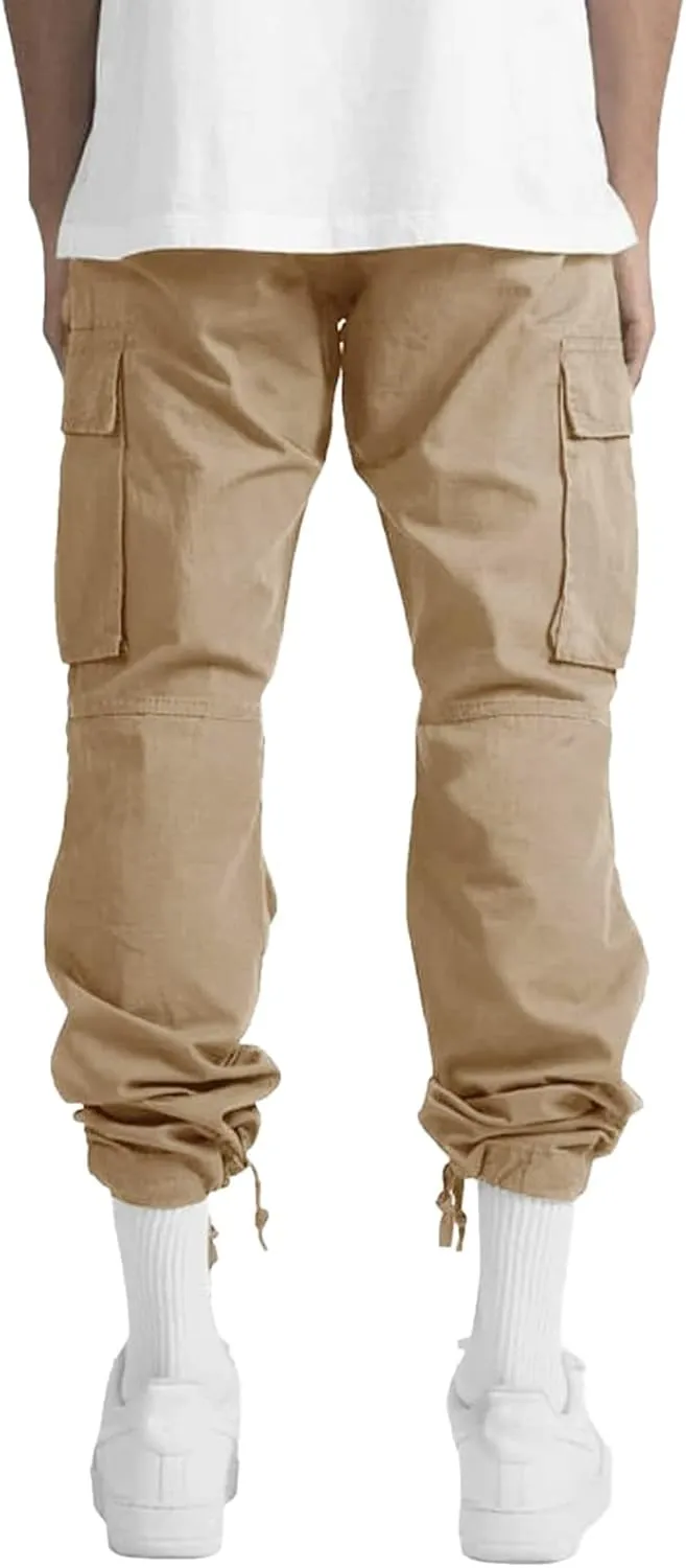 Men’s Cargo Pants Plus Size Drawstring Elastic Waist Fall Work Pants Casual Plain Sport Trousers with Multi Pockets