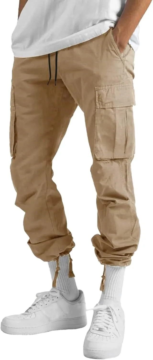 Men’s Cargo Pants Plus Size Drawstring Elastic Waist Fall Work Pants Casual Plain Sport Trousers with Multi Pockets
