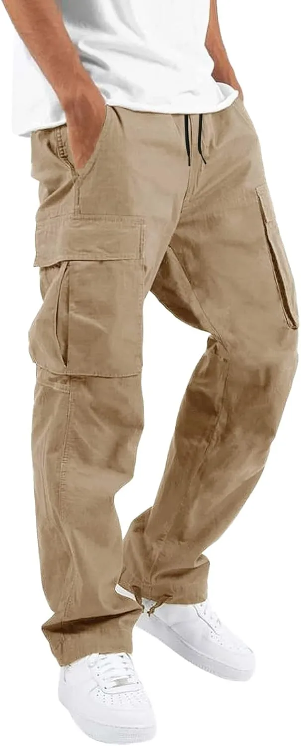 Men’s Cargo Pants Plus Size Drawstring Elastic Waist Fall Work Pants Casual Plain Sport Trousers with Multi Pockets