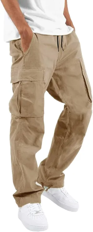 Men’s Cargo Pants Plus Size Drawstring Elastic Waist Fall Work Pants Casual Plain Sport Trousers with Multi Pockets