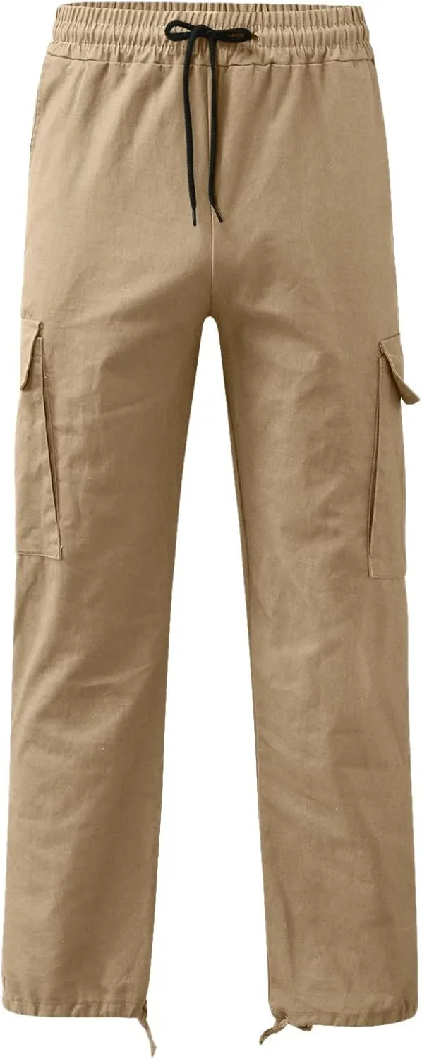 Men’s Cargo Pants Plus Size Drawstring Elastic Waist Fall Work Pants Casual Plain Sport Trousers with Multi Pockets