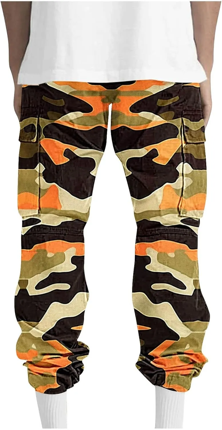 Men’s Cargo Pants Plus Size Drawstring Elastic Waist Fall Work Pants Casual Plain Sport Trousers with Multi Pockets