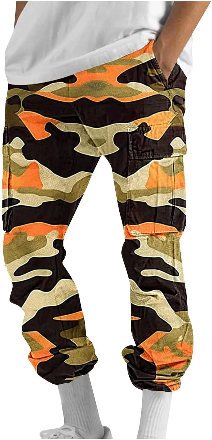 Men’s Cargo Pants Plus Size Drawstring Elastic Waist Fall Work Pants Casual Plain Sport Trousers with Multi Pockets