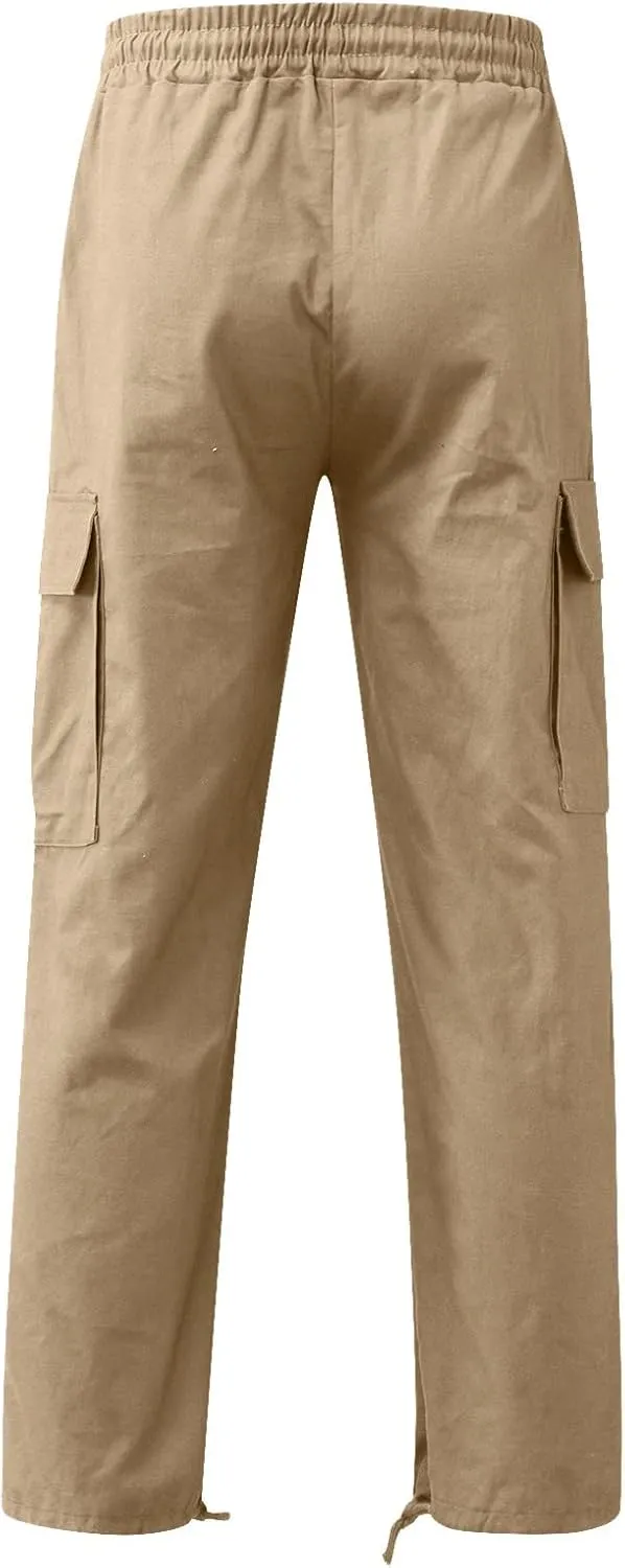 Men’s Cargo Pants Plus Size Drawstring Elastic Waist Fall Work Pants Casual Plain Sport Trousers with Multi Pockets
