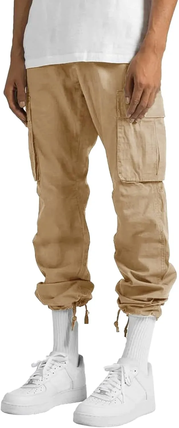 Men’s Cargo Pants Plus Size Drawstring Elastic Waist Fall Work Pants Casual Plain Sport Trousers with Multi Pockets