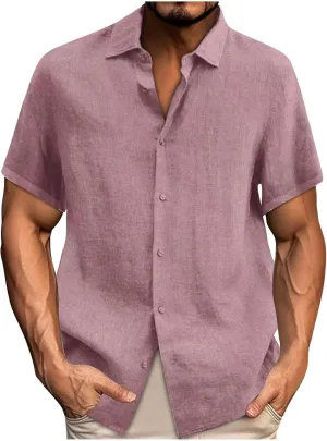Mens Casual Linen Shirts Short Sleeve Button Down Shirt Solid Summer Beach Vacation Shirt Untucked Dress Shirt