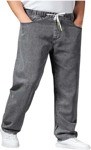Mens Classic Regular Fit Jeans Big and Tall Men Work Denim Pants Stretch Loose Fit Drawstring Jeans Vintage Trousers