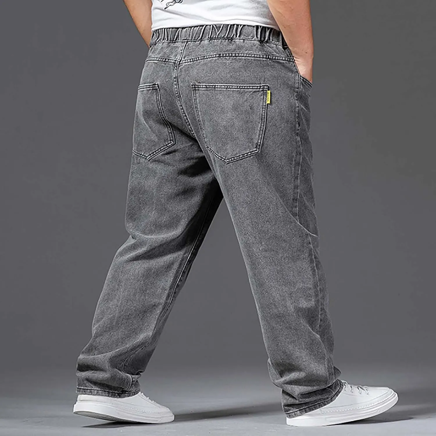 Mens Classic Regular Fit Jeans Big and Tall Men Work Denim Pants Stretch Loose Fit Drawstring Jeans Vintage Trousers