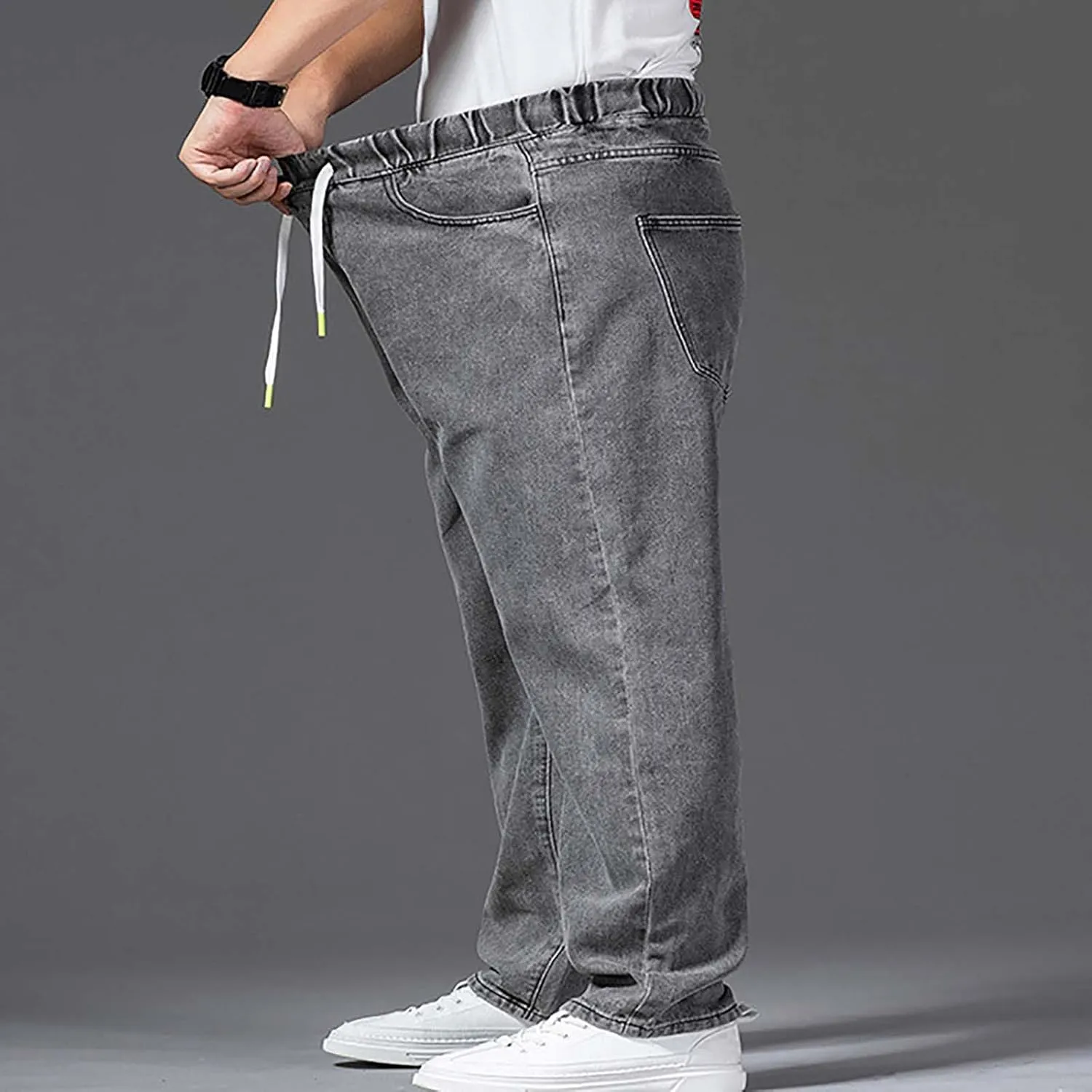 Mens Classic Regular Fit Jeans Big and Tall Men Work Denim Pants Stretch Loose Fit Drawstring Jeans Vintage Trousers