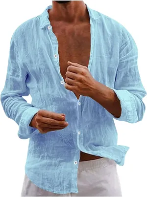Men's Cotton Linen Long Sleeve Shirt V Neck Casual Button Down Blouse Solid Color Loose Tops Comfy Lightweight Tee