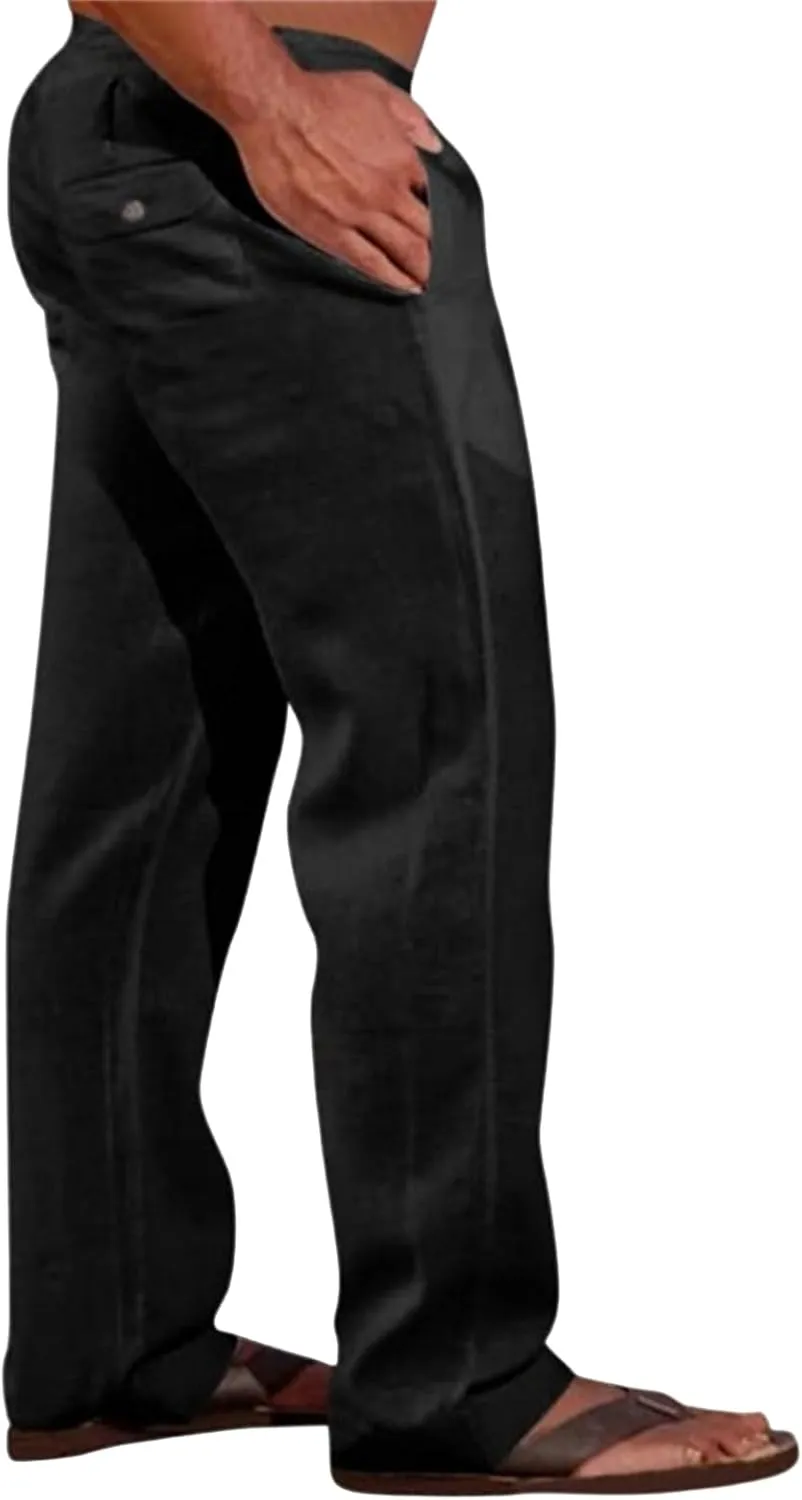 Men's Cotton Linen Pants Solid Color Baggy Trousers Drawstring Stretchy Pants Straight Leg Yoga Trousers for Vacation