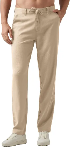 Men's Cotton Linen Trousers Flat Front Slim Fit Pants Solid Color Casual Business Pants Lightweight Stretchy Trousers