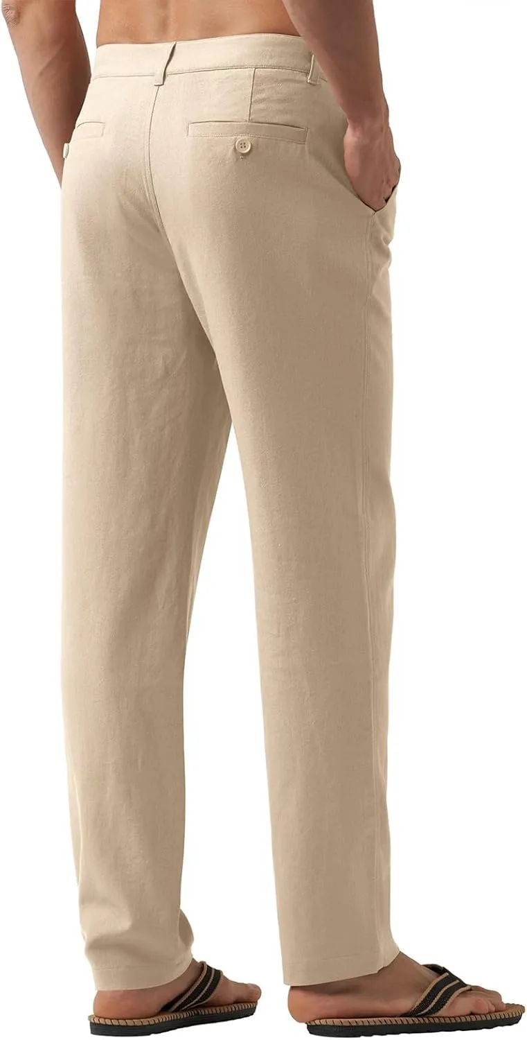 Men's Cotton Linen Trousers Flat Front Slim Fit Pants Solid Color Casual Business Pants Lightweight Stretchy Trousers