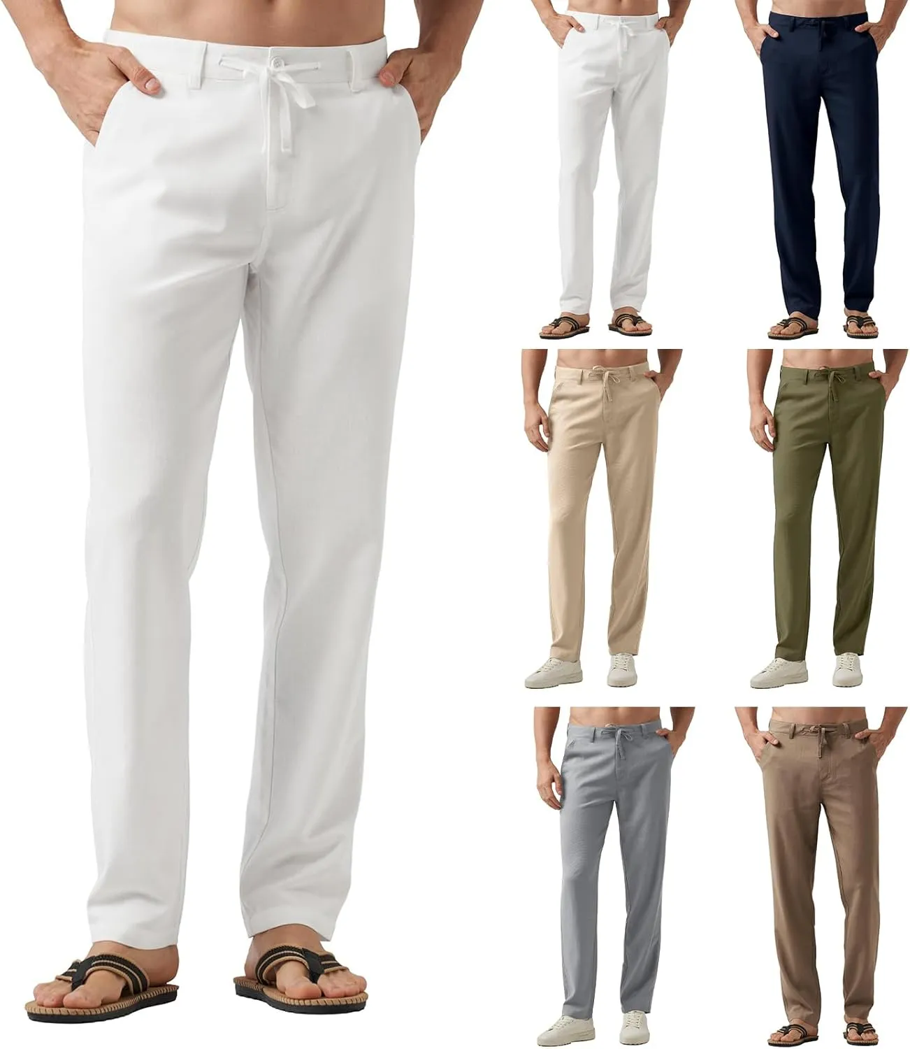 Men's Cotton Linen Trousers Flat Front Slim Fit Pants Solid Color Casual Business Pants Lightweight Stretchy Trousers