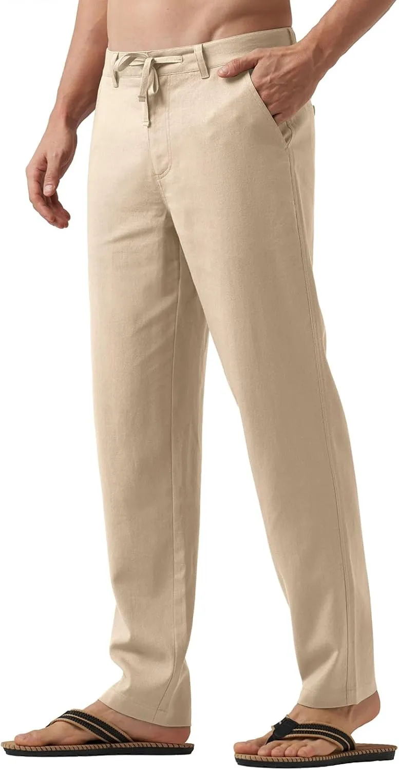 Men's Cotton Linen Trousers Flat Front Slim Fit Pants Solid Color Casual Business Pants Lightweight Stretchy Trousers