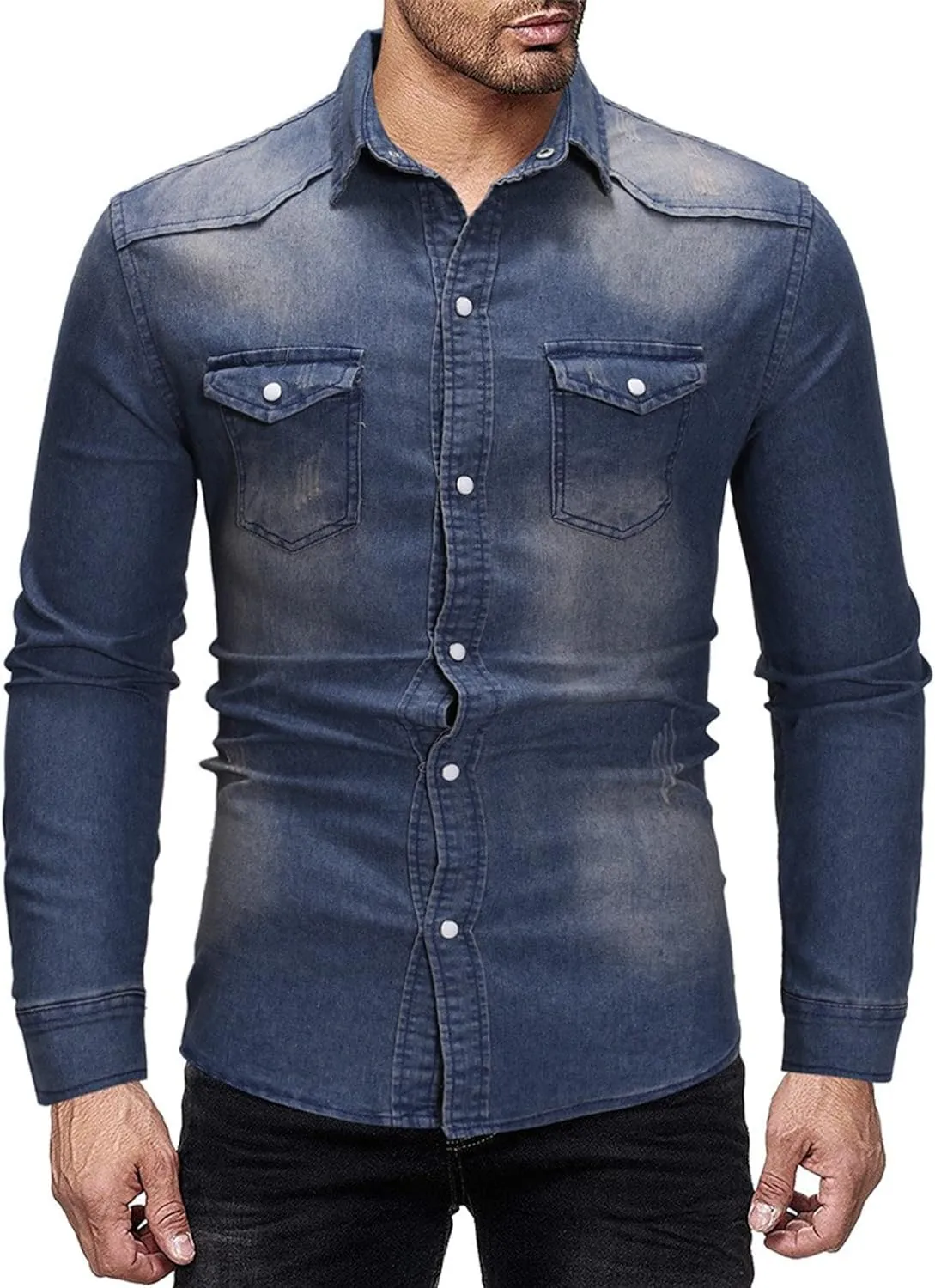 Men's Denim Shirt Casual Slim Fit Button Down Long Sleeve Washed Denim Shirt