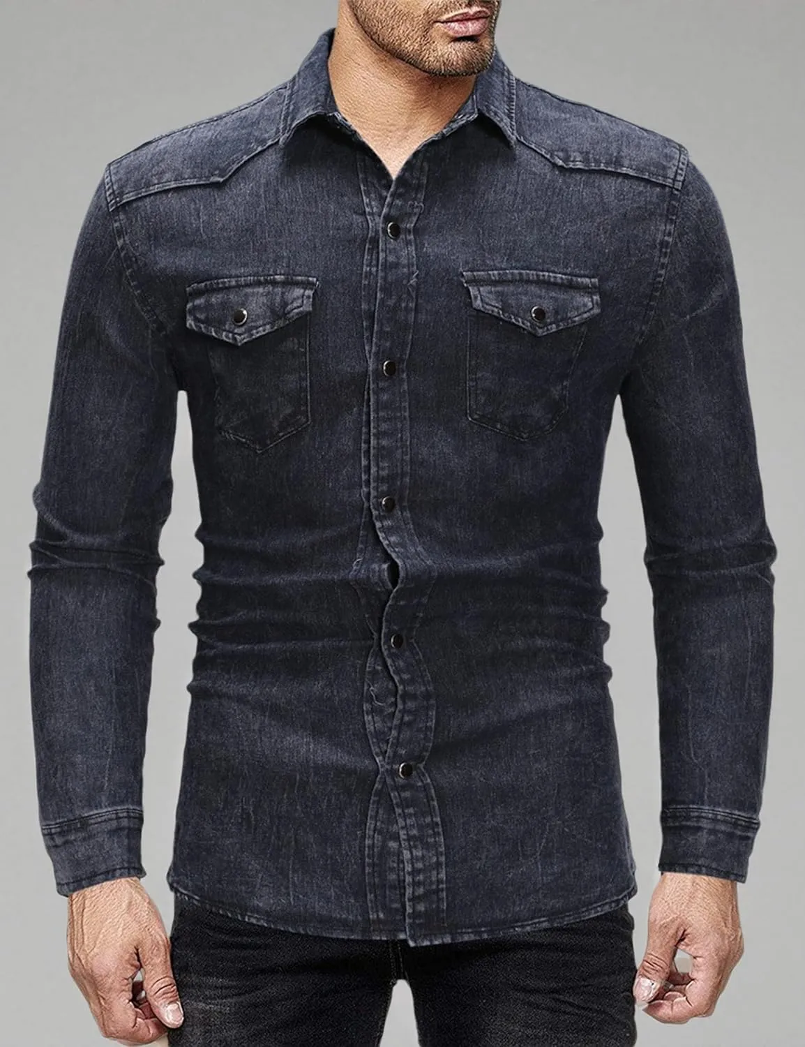 Men's Denim Shirt Casual Slim Fit Button Down Long Sleeve Washed Denim Shirt