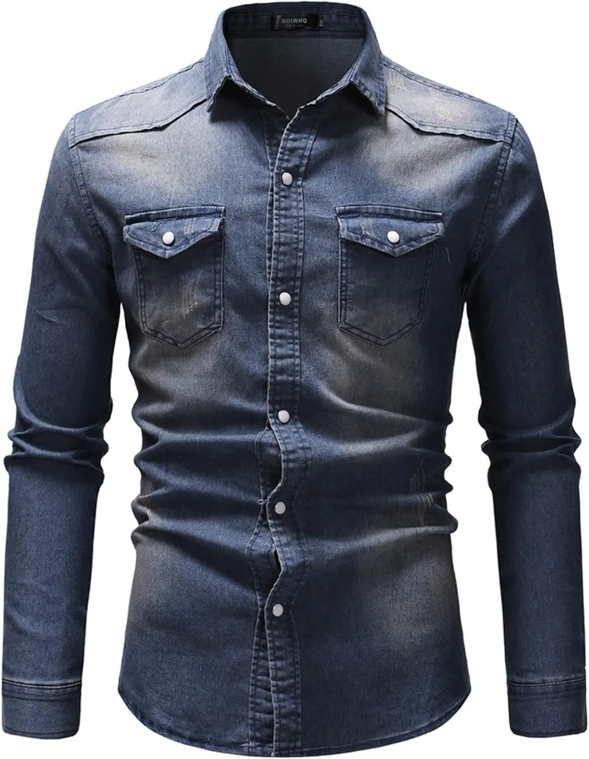 Men's Denim Shirt Casual Slim Fit Button Down Long Sleeve Washed Denim Shirt
