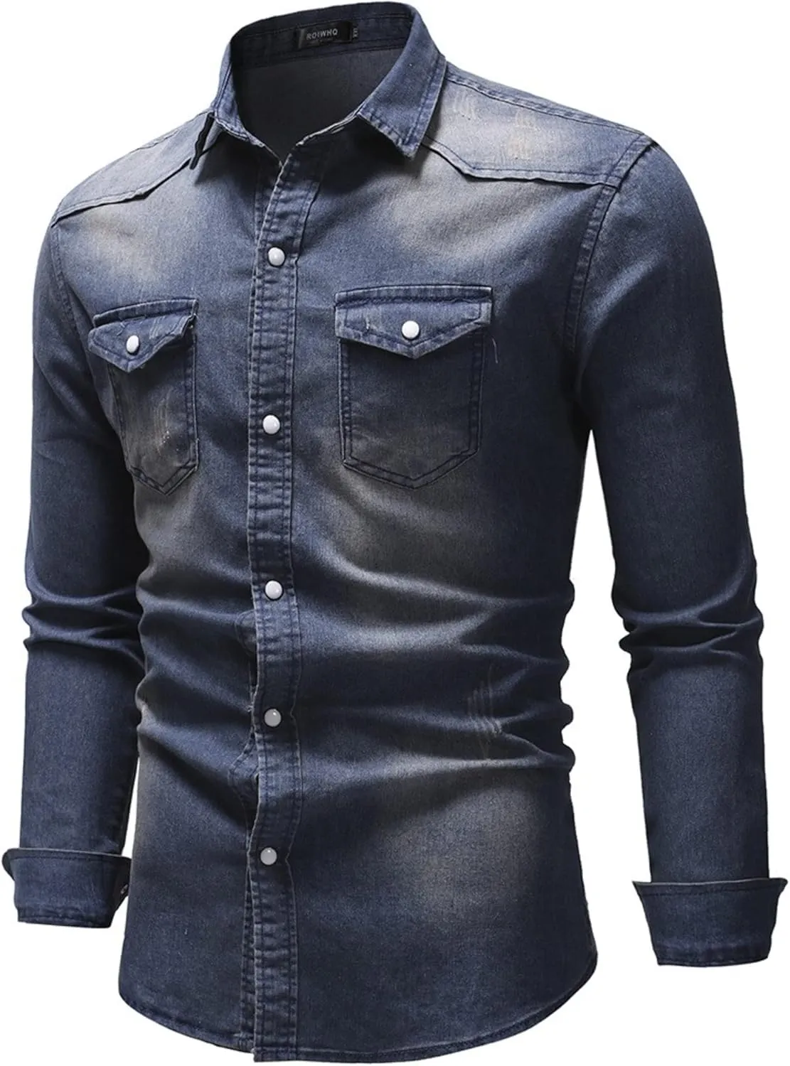 Men's Denim Shirt Casual Slim Fit Button Down Long Sleeve Washed Denim Shirt