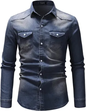 Men's Denim Shirt Casual Slim Fit Button Down Long Sleeve Washed Denim Shirt