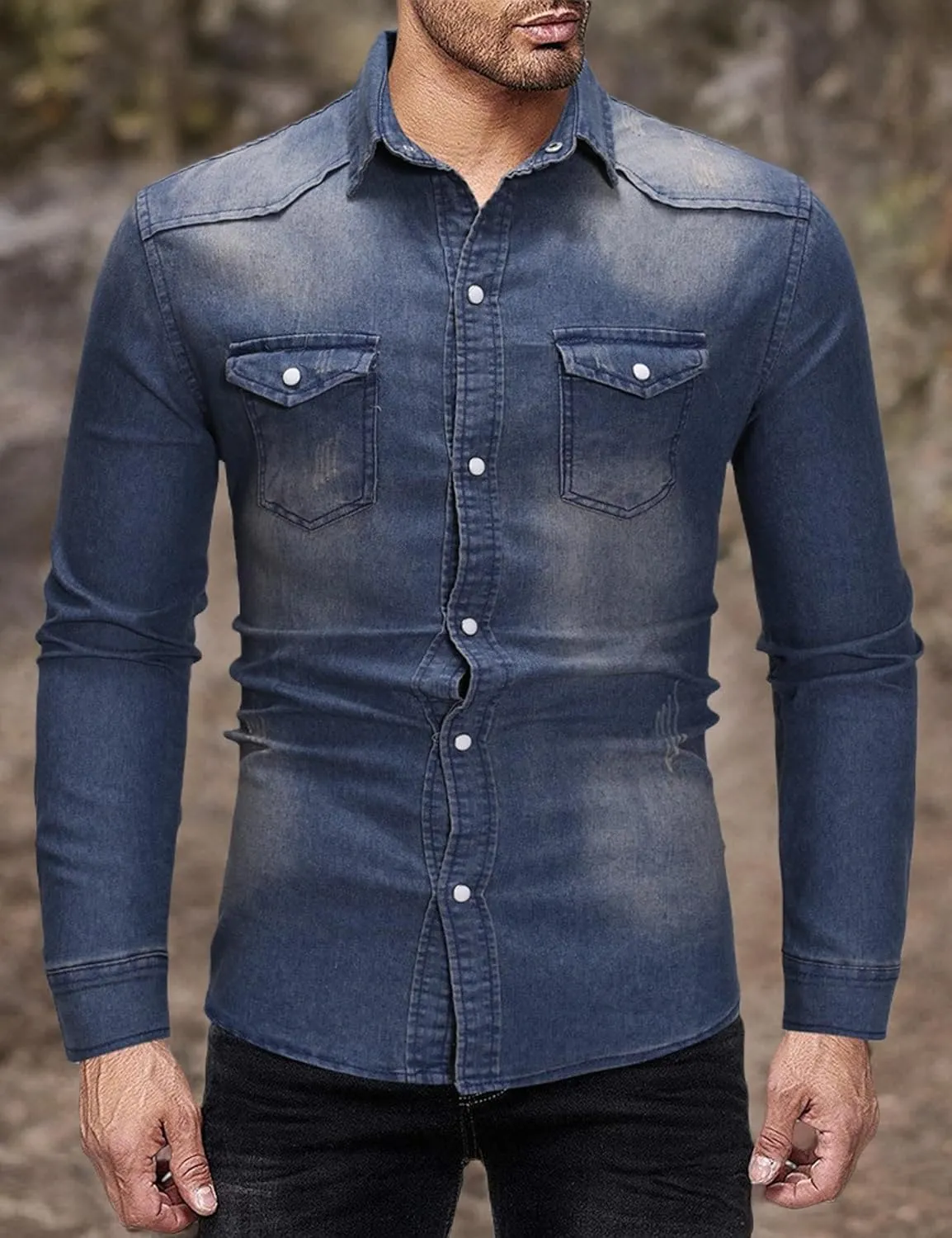 Men's Denim Shirt Casual Slim Fit Button Down Long Sleeve Washed Denim Shirt