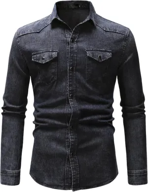 Men's Denim Shirt Casual Slim Fit Button Down Long Sleeve Washed Denim Shirt