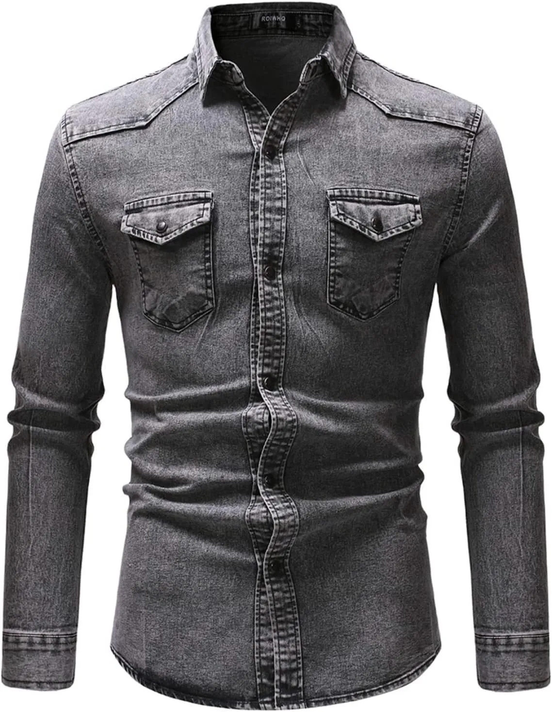 Men's Denim Shirt Casual Slim Fit Button Down Long Sleeve Washed Denim Shirt