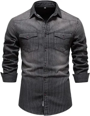 Men's Denim Shirt Casual Slim Fit Button Down Long Sleeve Washed Denim Shirt