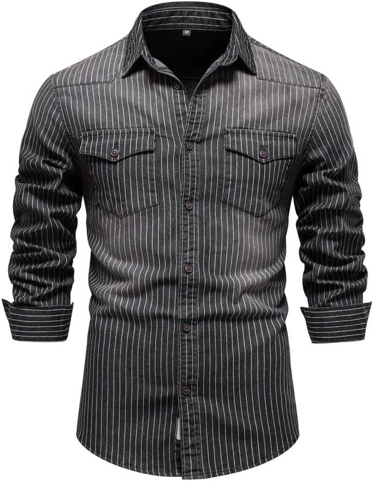 Men's Denim Shirt Casual Slim Fit Button Down Long Sleeve Washed Denim Shirt