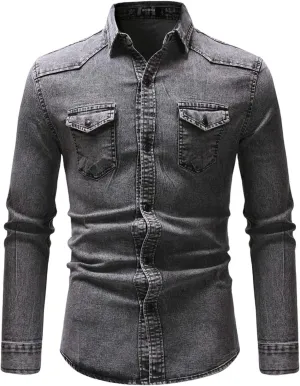 Men's Denim Shirt Casual Slim Fit Button Down Long Sleeve Washed Denim Shirt