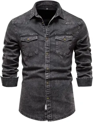 Men's Denim Shirt Casual Slim Fit Button Down Long Sleeve Washed Denim Shirt
