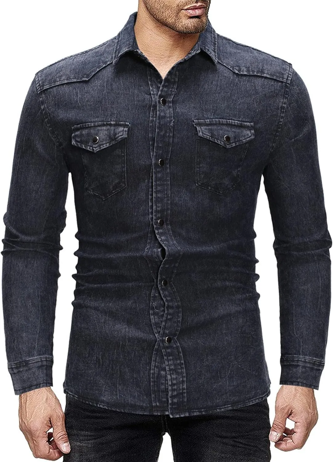 Men's Denim Shirt Casual Slim Fit Button Down Long Sleeve Washed Denim Shirt