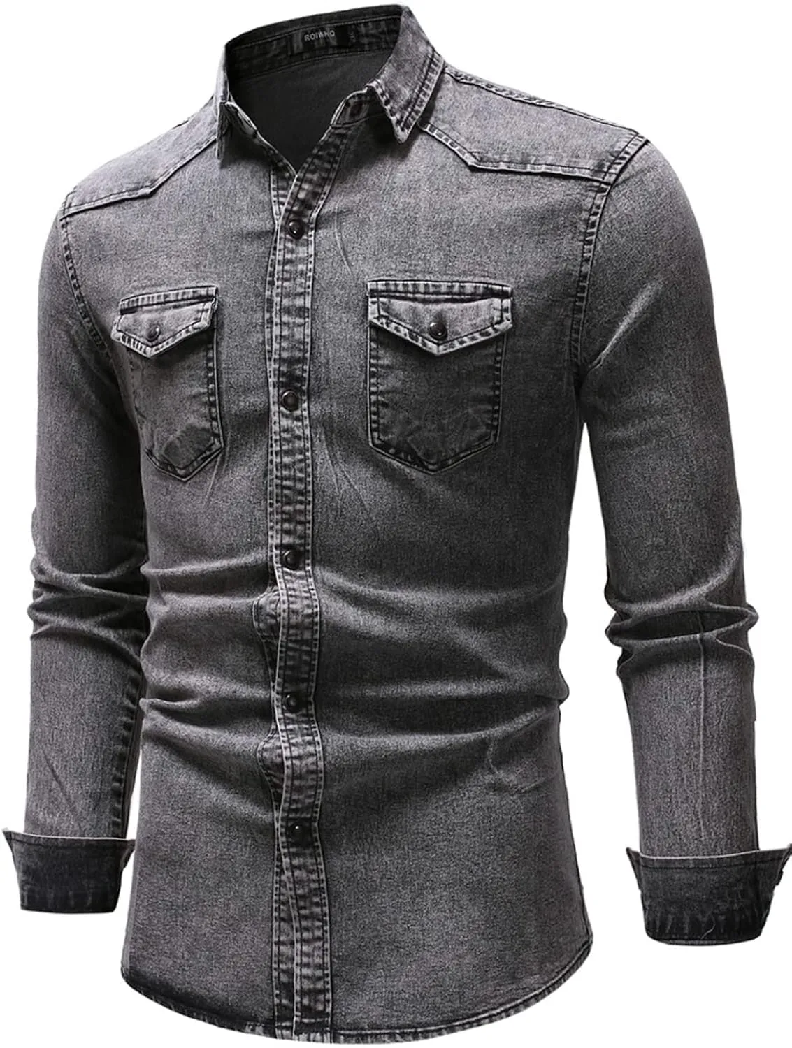 Men's Denim Shirt Casual Slim Fit Button Down Long Sleeve Washed Denim Shirt