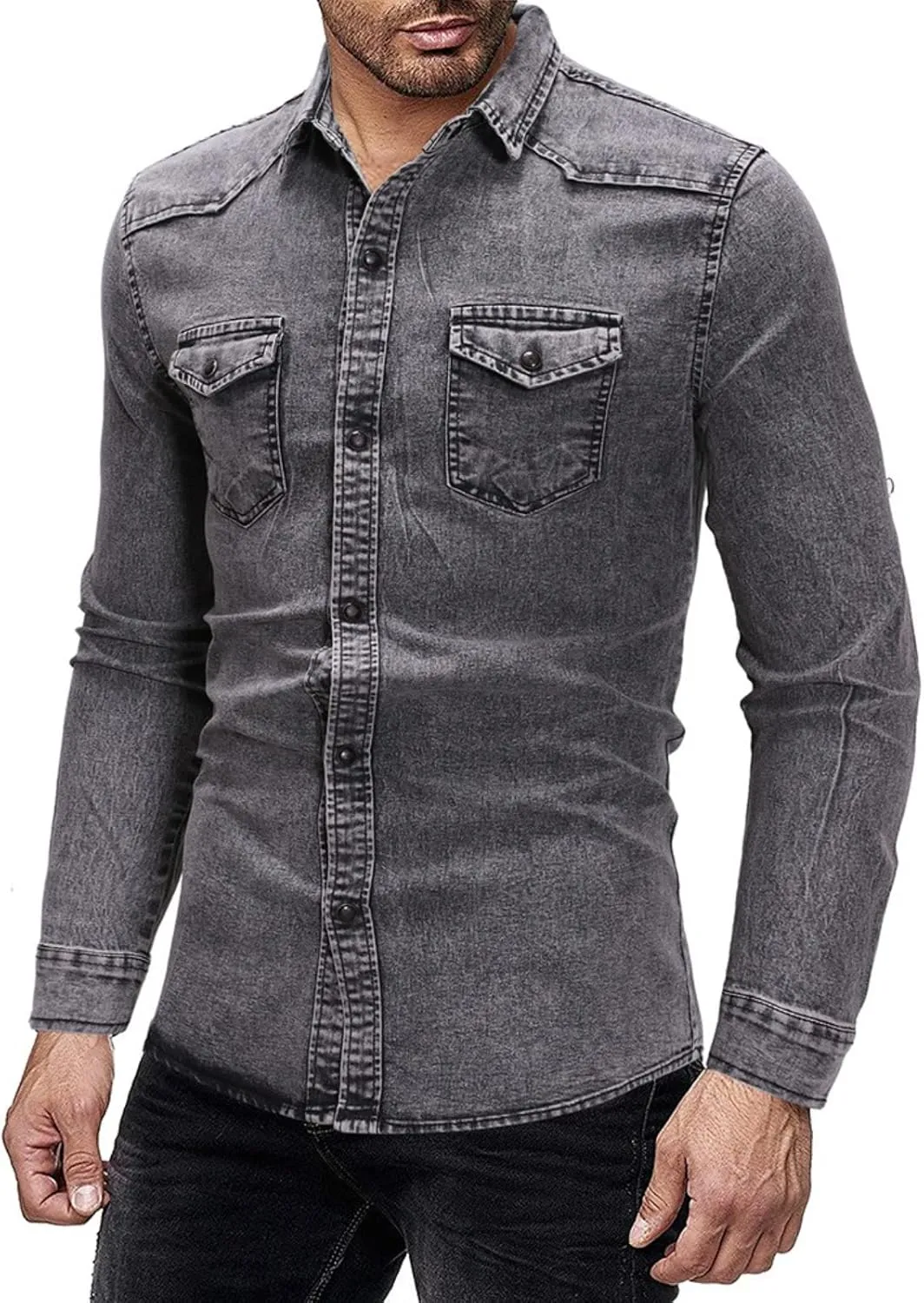 Men's Denim Shirt Casual Slim Fit Button Down Long Sleeve Washed Denim Shirt