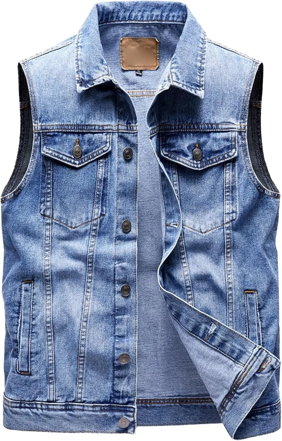 Mens Distressed Denim Vest Sleeveless Button Down Jean Vest with Pockets Slim Fit Motorcycle Jean Vest Jacket