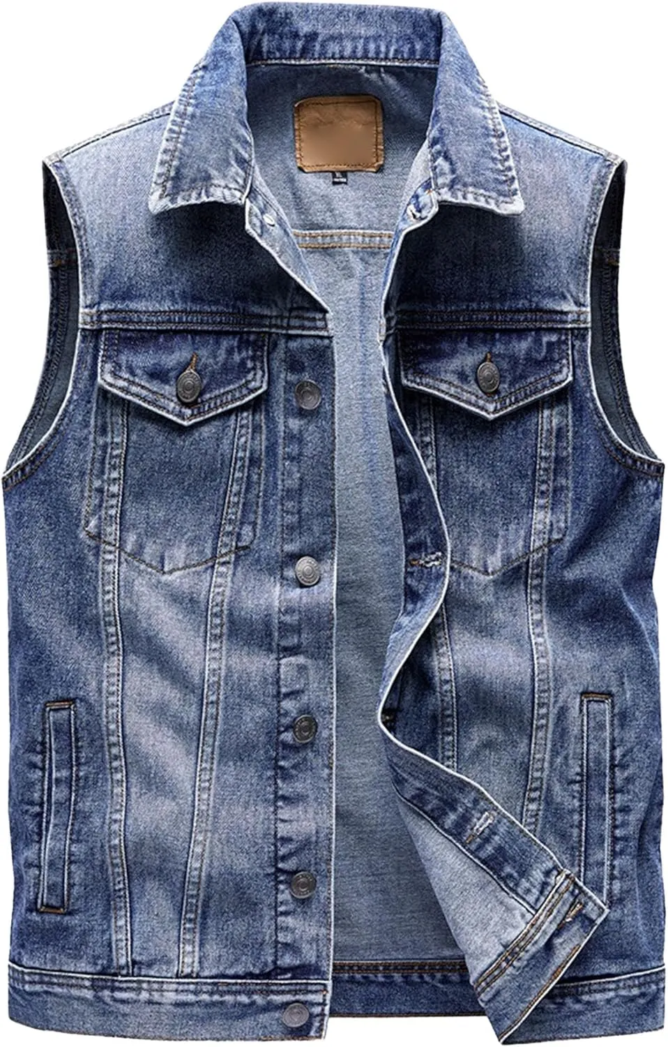 Mens Distressed Denim Vest Sleeveless Button Down Jean Vest with Pockets Slim Fit Motorcycle Jean Vest Jacket