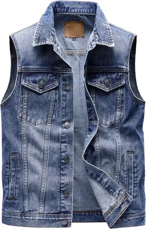 Mens Distressed Denim Vest Sleeveless Button Down Jean Vest with Pockets Slim Fit Motorcycle Jean Vest Jacket
