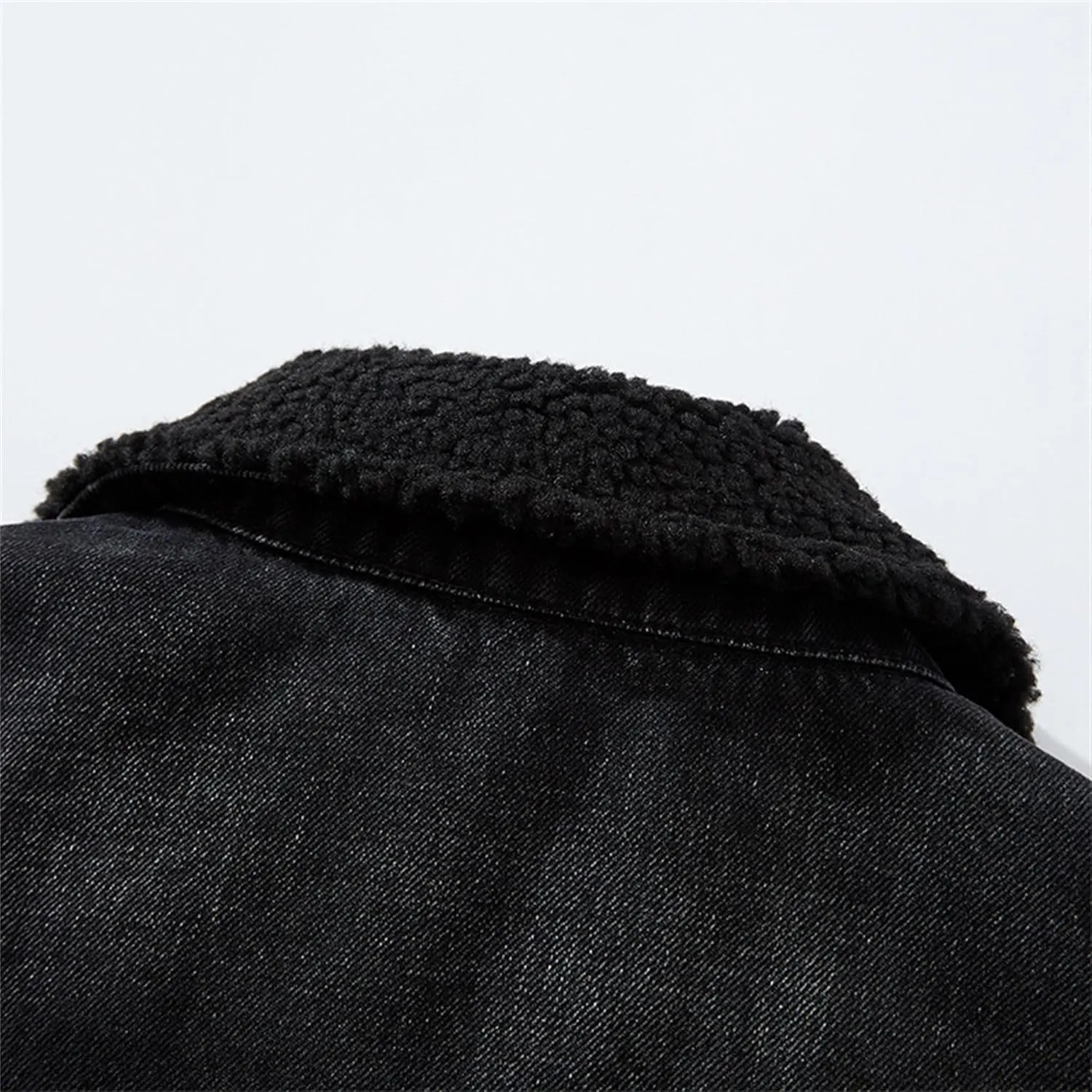Men's Fleece Jean Jacket Fur Collar Sherpa Lined Warm Winter Denim Jacket Button Down Casual Jeans Coats Outwear