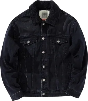 Men's Fleece Jean Jacket Fur Collar Sherpa Lined Warm Winter Denim Jacket Button Down Casual Jeans Coats Outwear