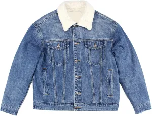 Men's Fleece Jean Jacket Fur Collar Sherpa Lined Warm Winter Denim Jacket Button Down Casual Jeans Coats Outwear